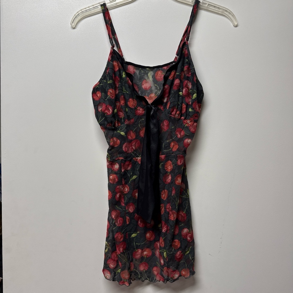 Black Cherry Print lingerie top with Tie Front